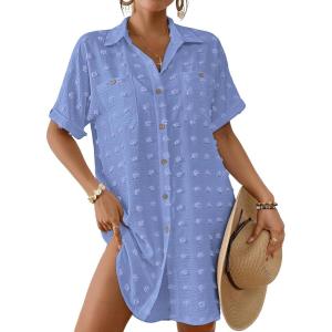 imageBsubseach Swimsuit Coverup for Women Swiss Dot Bathing Suit Swimwear Button Down Beach Shirt Cover Up Resort WearLight Blue