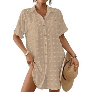 imageBsubseach Swimsuit Coverup for Women Swiss Dot Bathing Suit Swimwear Button Down Beach Shirt Cover Up Resort WearLight Khaki