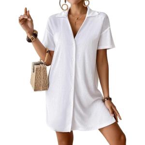 imageBsubseach Terry Cloth Swim Cover Up 2025 Button Down Women Swimsuit Coverup Short Sleeve Blouse Beach Shirt Vacation WearWhite