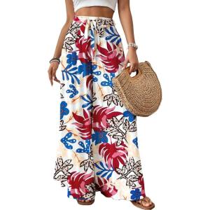 imageBsubseach Wide Leg Pants Woman Flowy Floral Palazzo Pants for Women High Waisted Summer Casual Trousers Cruise OutfitsColorful