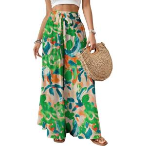 imageBsubseach Wide Leg Pants Woman Flowy Floral Palazzo Pants for Women High Waisted Summer Casual Trousers Cruise OutfitsGreen Printed