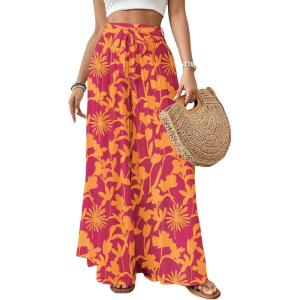 imageBsubseach Wide Leg Pants Woman Flowy Floral Palazzo Pants for Women High Waisted Summer Casual Trousers Cruise OutfitsOrange Red
