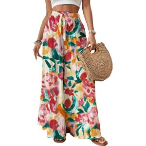 imageBsubseach Wide Leg Pants Woman Flowy Floral Palazzo Pants for Women High Waisted Summer Casual Trousers Cruise OutfitsRed