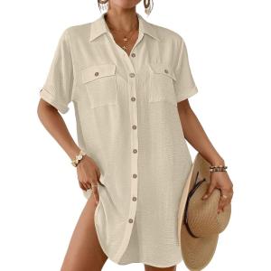 imageBsubseach Women Swimsuit Coverup Button Down Bathing Suit Cover Up for Swimwear Summer Beach Shirt Dresses Resort WearApricot