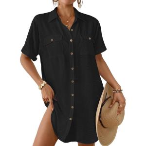 imageBsubseach Women Swimsuit Coverup Button Down Bathing Suit Cover Up for Swimwear Summer Beach Shirt Dresses Resort WearBlack