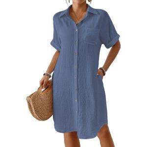imageBsubseach Womens Swimsuit Cover Up Long Button Down Bathing Suit Cover Ups Short Sleeve Summer Beach Shirt Dress with PocketsAiry Blue
