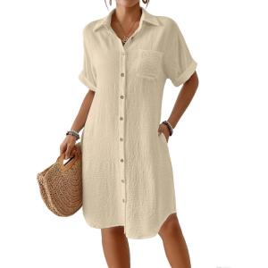 imageBsubseach Womens Swimsuit Cover Up Long Button Down Bathing Suit Cover Ups Short Sleeve Summer Beach Shirt Dress with PocketsApricot