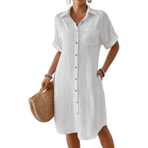 imageBsubseach Womens Swimsuit Cover Up Long Button Down Bathing Suit Cover Ups Short Sleeve Summer Beach Shirt Dress with PocketsWhite