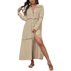 imageBsubseach Long Beach Cover Ups for Women 2025 Button Up Dress for Swimwear Women Casual Kimonos Cardigan Bathing Suit CoverupKhaki