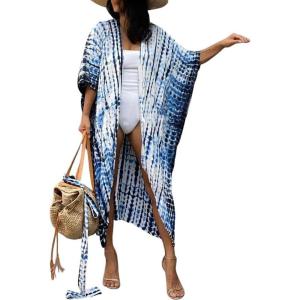 imageBsubseach Stylish Tie Dye Open Front Long Kimono Swimsuit Cover Up for Women Swimwear Cover UpsCblue White