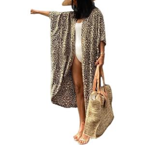imageBsubseach Stylish Tie Dye Open Front Long Kimono Swimsuit Cover Up for Women Swimwear Cover UpsCleopard Yellow