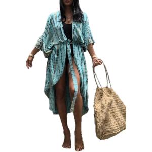imageBsubseach Stylish Tie Dye Open Front Long Kimono Swimsuit Cover Up for Women Swimwear Cover UpsClight Blue