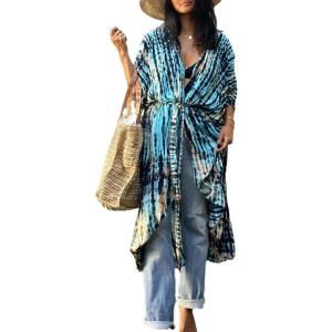imageBsubseach Stylish Tie Dye Open Front Long Kimono Swimsuit Cover Up for Women Swimwear Cover UpsCsky Blue