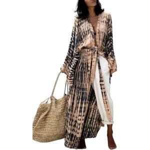 imageBsubseach Stylish Tie Dye Open Front Long Kimono Swimsuit Cover Up for Women Swimwear Cover UpsGapricot