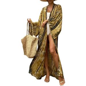 imageBsubseach Stylish Tie Dye Open Front Long Kimono Swimsuit Cover Up for Women Swimwear Cover UpsGblack Yellow