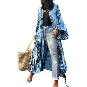 imageBsubseach Stylish Tie Dye Open Front Long Kimono Swimsuit Cover Up for Women Swimwear Cover UpsGblue