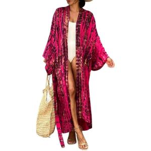 imageBsubseach Stylish Tie Dye Open Front Long Kimono Swimsuit Cover Up for Women Swimwear Cover UpsGrose Red