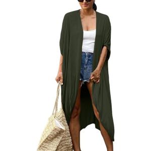 imageBsubseach Stylish Tie Dye Open Front Long Kimono Swimsuit Cover Up for Women Swimwear Cover UpsIarmy Green