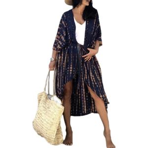 imageBsubseach Stylish Tie Dye Open Front Long Kimono Swimsuit Cover Up for Women Swimwear Cover UpsNavyPale Yellow
