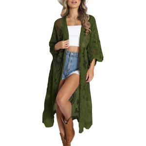 imageBsubseach Women Mesh Cardigan Bikini Beach Kimono Open Front Swimsuit Cover Ups SwimwearEdark Green