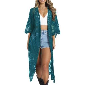 imageBsubseach Women Mesh Cardigan Bikini Beach Kimono Open Front Swimsuit Cover Ups SwimwearEpeacock Blue