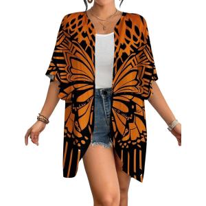 imageBsubseach Womens Kimono Cardigan Open Front Bathing Suit Cover Up Half Sleeve Cardigans Casual Beach TopOrange