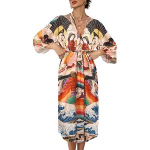 imageBsubseach Womens Kimono Swimsuit Cover Up Summer Beach Coverups 2025 Bathing Suit Casual Loose Cardigans for SwimwearEthnic Print