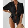 imageBsubseach Women Beach Shirt Bathing Suit Cover Up Embroidered Lapel Blouses Button Down Collar TopsLblack
