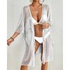 imageBsubseach Women Drawstring Waist Swimsuit Cover Up Side Split Silver Thread Beach Kimono Cardigan White