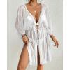 imageBsubseach Women Drawstring Waist Swimsuit Cover Up Side Split Silver Thread Beach Kimono Cardigan White