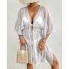 imageBsubseach Women Drawstring Waist Swimsuit Cover Up Side Split Silver Thread Beach Kimono Cardigan White