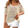 imageBsubseach Crochet Coverup Top Hollow Out Beach Cover Up Short Sleeve Summer Sweater 2025 Swimsuit Cover up for WomenApricot