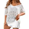 imageBsubseach Crochet Coverup Top Hollow Out Beach Cover Up Short Sleeve Summer Sweater 2025 Swimsuit Cover up for WomenWhite