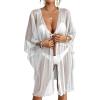 imageBsubseach Women Drawstring Waist Swimsuit Cover Up Side Split Silver Thread Beach Kimono Cardigan White