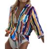 imageBsubseach Women Long Sleeve Beach Shirt Blouses Bathing Suit Cover Up Button Down CollarBlue Yellow Mix