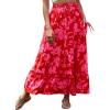 imageBsubseach Womens Maxi Skirts 2025 Summer Boho Elastic High Waist Floral Print Pleated Ruffle Flowy Long Skirt with PocketsPrint Red