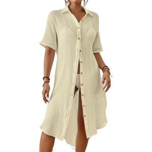 imageBsubseach 2025 Cotton Beach Cover Up for Women  Long Button Down Swimsuit Coverup Bathing Suit Shirt Dress Vacation Outfits1apricot