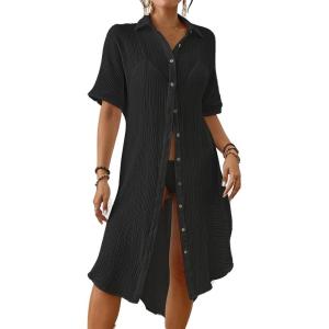 imageBsubseach 2025 Cotton Beach Cover Up for Women  Long Button Down Swimsuit Coverup Bathing Suit Shirt Dress Vacation Outfits1black