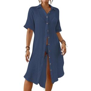 imageBsubseach 2025 Cotton Beach Cover Up for Women  Long Button Down Swimsuit Coverup Bathing Suit Shirt Dress Vacation Outfits1dusty Navy