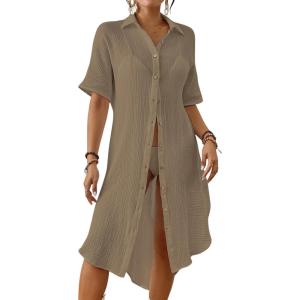 imageBsubseach 2025 Cotton Beach Cover Up for Women  Long Button Down Swimsuit Coverup Bathing Suit Shirt Dress Vacation Outfits1khaki Grey