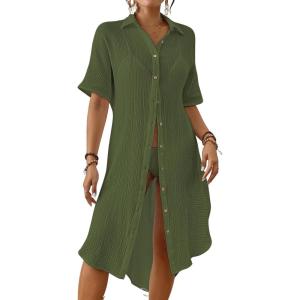 imageBsubseach 2025 Cotton Beach Cover Up for Women  Long Button Down Swimsuit Coverup Bathing Suit Shirt Dress Vacation Outfits1seaweed Green