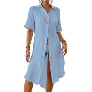 imageBsubseach 2025 Cotton Beach Cover Up for Women  Long Button Down Swimsuit Coverup Bathing Suit Shirt Dress Vacation Outfits1sky Blue