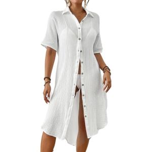 imageBsubseach 2025 Cotton Beach Cover Up for Women  Long Button Down Swimsuit Coverup Bathing Suit Shirt Dress Vacation Outfits1white