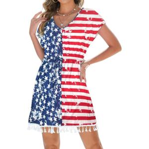 imageBsubseach American Flag Dresses for Women Short Sleeve Beach Cover Up Patriotic Midi Dress 4th of July Beach DressStriped Star