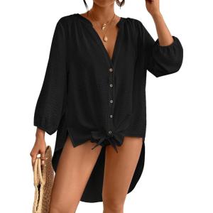 imageBsubseach Beach Shirts Coverups for Women Long Sleeve Bathing Suit Cover Up Gauzy TopBlack