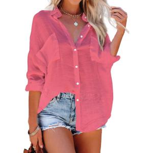 imageBsubseach Button Down Swim Cover Up Shirt Sexy Long Sleeve Beach Blouse Bathing Suit Cover Ups for WomenCoral