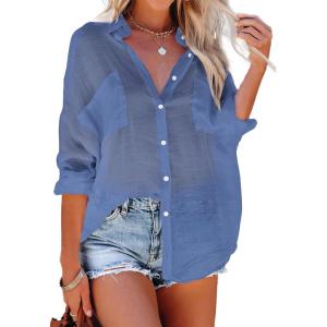 imageBsubseach Button Down Swim Cover Up Shirt Sexy Long Sleeve Beach Blouse Bathing Suit Cover Ups for WomenCyanine