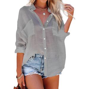 imageBsubseach Button Down Swim Cover Up Shirt Sexy Long Sleeve Beach Blouse Bathing Suit Cover Ups for WomenGrey