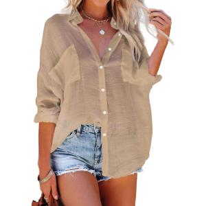 imageBsubseach Button Down Swim Cover Up Shirt Sexy Long Sleeve Beach Blouse Bathing Suit Cover Ups for WomenKhaki