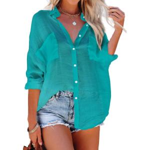 imageBsubseach Button Down Swim Cover Up Shirt Sexy Long Sleeve Beach Blouse Bathing Suit Cover Ups for WomenLake Blue
